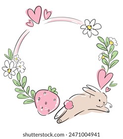 Marco dibujado a mano con conejito y flores, Plantillas de diseño de Vector. Lindo marco de conejo 
