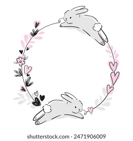 Hand Drawn Frame with bunny and flowers, vector design templates. Cute rabbit frame 