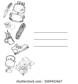 Hand drawn frame card template camping travel hiking outdoor with backpack flashlight rope boot bonfire knife kettle vector illustration