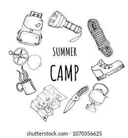 Hand drawn frame card template camping travel hiking outdoor with backpack flashlight rope boot mat knife kettle vector illustration