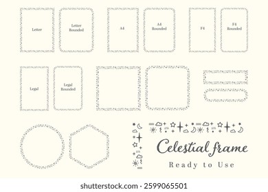 Hand drawn frame with with Celestial Motifs like star, moon, cloud, sun and dot suitable for kids children theme. Decorative Border Design with Celestial Motifs. 
