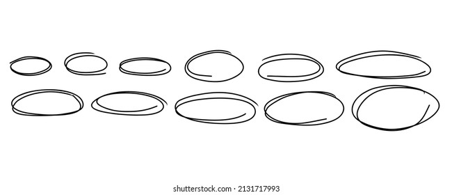 Handgezeichnete Rahmenkreise Set. Doodle Highlights Ovale. Marker-Skizze. Markieren Sie Text und ausgewählte wichtige Objekte.  Runde Schreib-Rahmen. Stock-Vektorgrafik auf weißem Hintergrund.