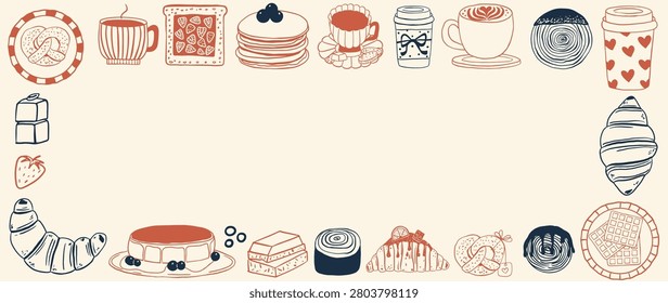 Hand drawn frame with coffee and pastry items. Vector set of pretzels, croissants, cups and pancakes, cinnamon rolls, chocolate and strawberries.