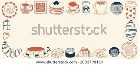 Hand drawn frame with coffee and pastry items. Vector set of pretzels, croissants, cups and pancakes, cinnamon rolls, chocolate and strawberries.
