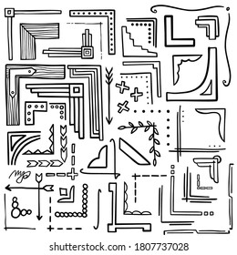 Esquinas de marco dibujadas a mano. Elementos de esbozo de notas visuales web del diario de viñetas. Conjunto de objetos vectoriales gráficos aislados.