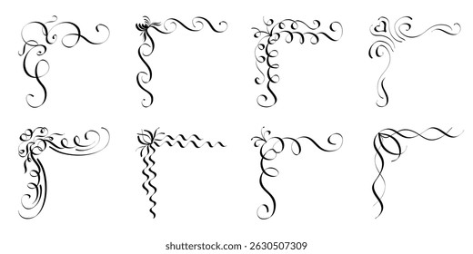 Hand Drawn Frame Corners. Decorative set of vintage corner borders. Vector illustration