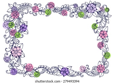 Hand drawn frame with doodle flowers. Floral design element