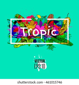 Hand drawn frame, doodle illustration. Tropic fruits and palm sheets. Vector template.