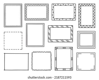 Hand drawn frame doodle. Square and rectangular Borders in sketch style. Vector illustration isolated on white background.