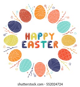 Hand drawn frame. Easter eggs in doodle style. Colorful  illustration.