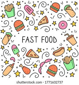 Hand drawn frame of fast food elements, burger, pizza, sandwich, hamburger, snack. Doodle sketch style. Fast food element drawn by digital brush-pen. Vector illustration for icon, menu, frame design.