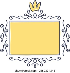 Hand drawn frame featuring a crown, swirls, and flourishes, creating a regal and elegant design, perfect for invitations, announcements, or certificates, with a customizable yellow background