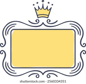 Hand drawn frame featuring a crown, swirls, and a yellow background, creating a regal and luxurious design perfect for invitations, logos, or branding