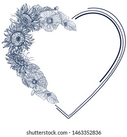 Hand drawn frame with floral wreath with sunflowers in the shape of heart. Vector monochrome illustration isolated on white background. Template for invitations, greeting cards, posters and more