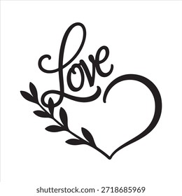 Handgezeichneter Rahmen Blume Blatt Herz mit Liebe Text. Liebe Herz Kalligraphie Typografie Illustration 