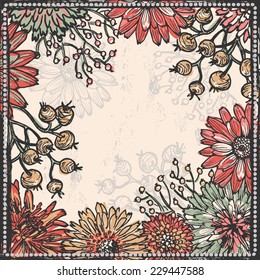 Hand drawn  frame with flowers and berries . All objects are conveniently grouped  and are easily editable.