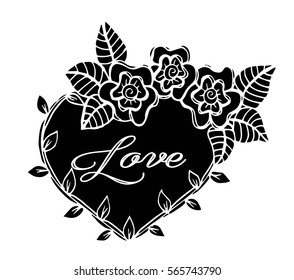 Hand drawn frame flowers heart with love text. Vector illustration
