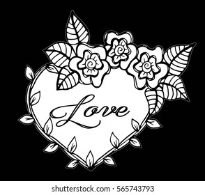 Hand drawn frame flowers heart with love text. Vector illustration