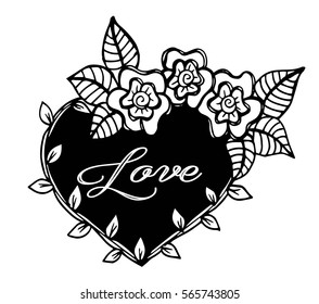 Hand drawn frame flowers heart with love text. Vector illustration