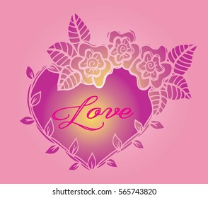 Hand drawn frame flowers heart with love text. Vector illustration