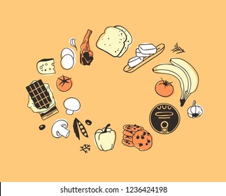 Hand drawn frame with food. Meal Vector background. Actual fashion illustration. Original doodle style drawing. Creative ink art work