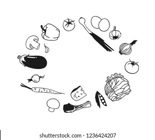 Hand drawn frame with Food. Meal Vector background. Actual fashion illustration. Original doodle style drawing. Creative ink art work