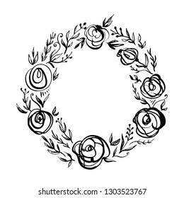 Hand drawn frame illustration. Vector floral lurel wreath with flowers, branches and leaves. Coloring book element. Good for wedding invitations template, postcards, greeting cards and more