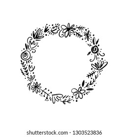 Hand drawn frame illustration. Vector floral lurel wreath with flowers, branches and leaves. Coloring book element. Good for wedding invitations template, postcards, greeting cards and more