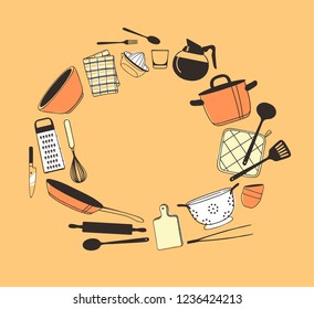 Hand drawn frame with Kitchen things. Tools and dishes Vector background. Actual fashion illustration. Original doodle style drawing. Creative ink art work