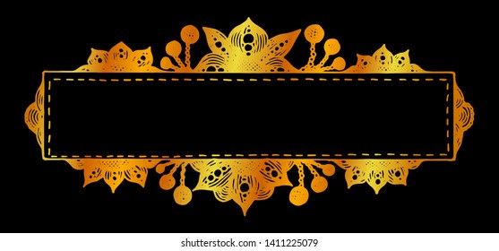  Hand drawn frame, label or logo with flowers, berries and seam for craft products, needlecraft and creative occupation. Golden colored isolated copy space vector illustration on black background