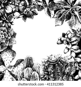 Hand drawn frame made with cactuses and succulents