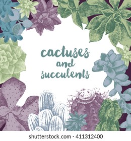 Hand drawn frame made with cactuses and succulents. 