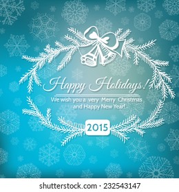 Hand - drawn frame made of fir branches and bells tied with  bow and Holiday greetings on blue background with snowflakes. 