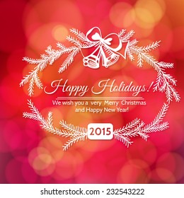 Hand - drawn frame made of fir branches and bells tied with  bow and Holiday greetings on red bokeh background. 