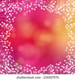 Hand - drawn frame made of holly branches with berries on red bokeh background. Christmas illustration.