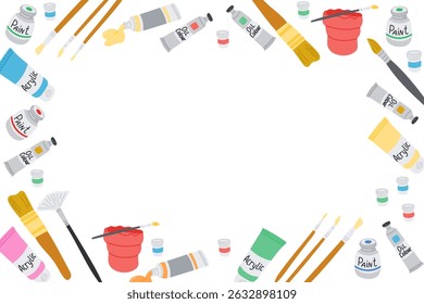 Hand drawn frame made of paint supplies including brushes, tubes and jars arranged on white background. Concept of creativity, artistic workspace and colorful painting tools