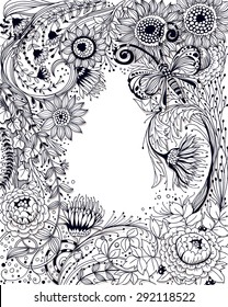 Hand drawn frame made of various flowers and plants and beautiful doodle butterfly. Space for text.