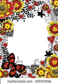 Hand drawn frame made of various flowers, leaves and butterfly. Floral card template with space for text.