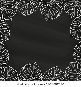 Handgezeichneter Rahmen mit Monstera-Blättern. Tropische Blätter im Doodle-Stil einzeln auf schwarzem Hintergrund oder Kreide. Vorlage für Karte, Banner, Aufkleber, Design. Vektorillustration-Illustration mit Platz für Text.