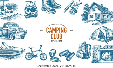 Hand drawn frame with outdoor adventure elements. House, tent, fireplace, camping gear, lake, fire, and nature. Outdoor, tourism, adventure design. Vintage sketch vector illustration