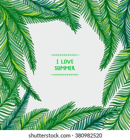 Hand drawn frame of palm leaves on white background. Fashion tropical vector illustration. 