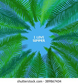 Hand drawn frame of palm leaves on blue background. Fashion tropical vector illustration. 