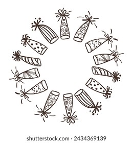 Hand drawn frame with paper cap, cone.  Birthday clipart in doodle style. Vector Isolated illustration on a white background. Perfect for daily planner,  social media,  greeting card.