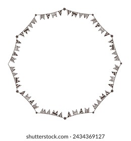 Hand drawn frame with paper garland flags. Birthday clipart in doodle style.  Vector Isolated illustration on a white background. Perfect for daily planner,  social media,  greeting card. 