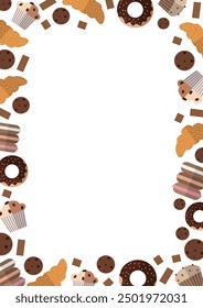 Hand drawn frame with pastry and desserts in flat style. Food illustration design for cards, posters and flyers. Bakery vector background