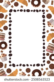 Hand drawn frame with pastry, desserts and coffee beans in flat style. Food illustration design for cards, posters and flyers. Bakery vector background