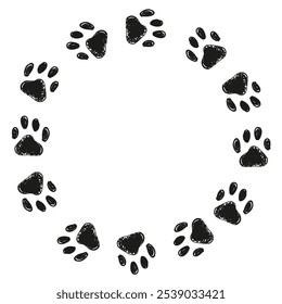 hand drawn frame of paw silhouettes on white background, prints of pets for decoration