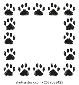 Marco dibujado a mano de siluetas de la pata sobre fondo blanco, impresiones de mascotas para la decoración