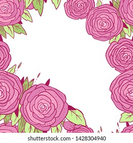 Hand drawn frame with pretty pink roses. Background for fabric, paper, card. Beautiful, romantic pattern for holidays