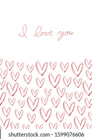 Hand drawn frame with red hearts. I love you.
